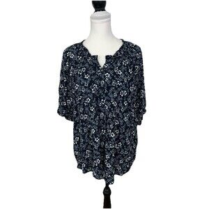 Bobeau Blouse Plus Size 3X Blue & White Floral Ruffled 100% Rayon Short Sleeve